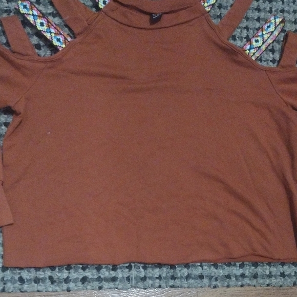 SHEIN Rust Cold Shoulder Top Sweater Material with Colorful Straps - Picture 6 of 8